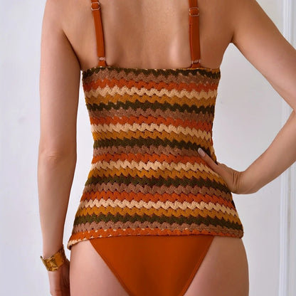 Top Tankini a Righe Lavorato a Maglia con Laccio al Collo | Costume da Bagno Donna