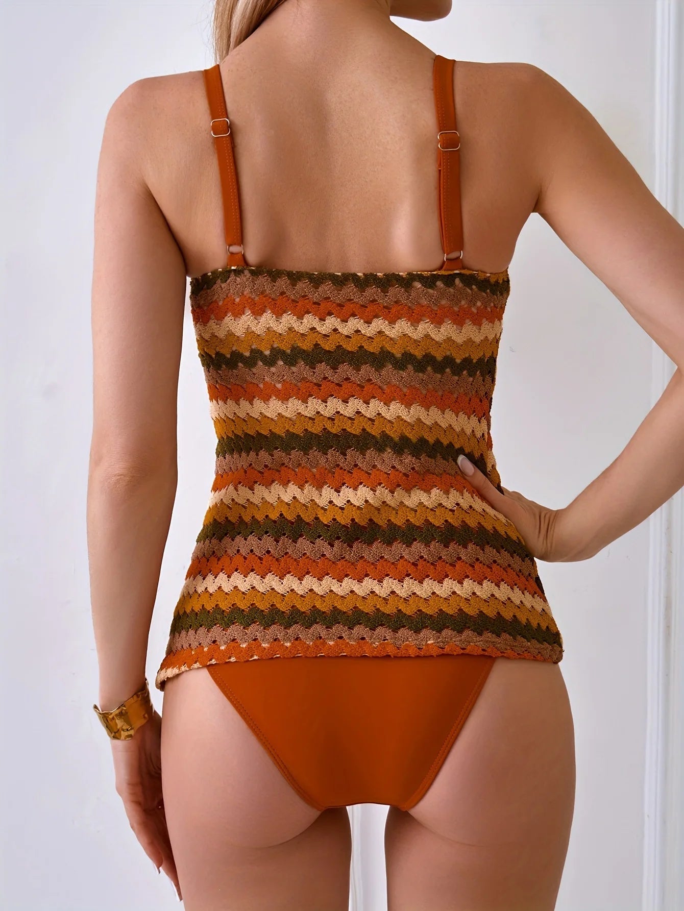 Top Tankini a Righe Lavorato a Maglia con Laccio al Collo | Costume da Bagno Donna
